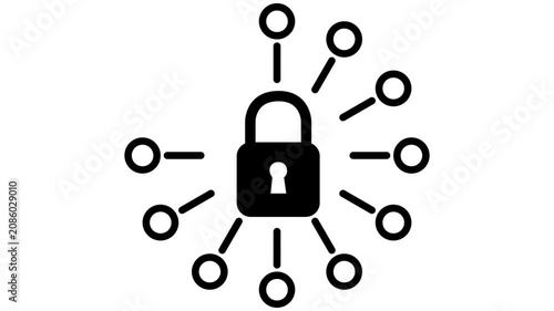 Cybersecurity concept animation featuring a black padlock icon with connecting network nodes expanding outwards on a white background.