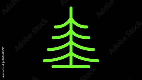 Animated line art drawing of a green pine tree forming on a black background. Minimalist nature or holiday concept.