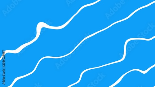 Abstract background with smooth white wavy lines flowing diagonally over a bright blue background. Minimalist seamless loop animation.
