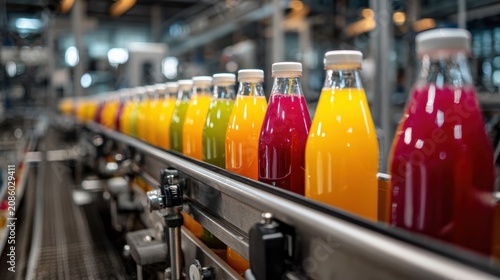product bottles fruit juice on the conveyor belt in the beverage factory, industrial, manufacture, production, line, plant, technology, juice, machine, machinery, equipment, automated