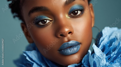 Young black woman with beautiful bright brown eyes with shining blue shadows, beige lipstick and expressive eyebrows, pitted look of colored paper, fashion, beauty, make-up, cosmetics, salon style