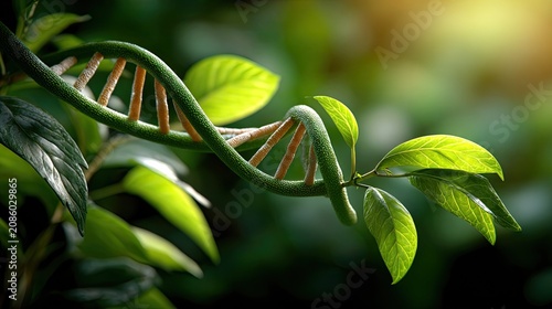 DNA double helix shaped as plant vine with green leaves, blurred natural background, genetic botany research backdrop