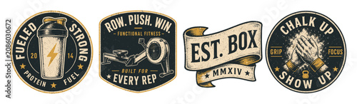 Vintage fitness gym emblems and badges set featuring a protein shaker bottle, rowing machine, ribbon, and chalked hands clapping