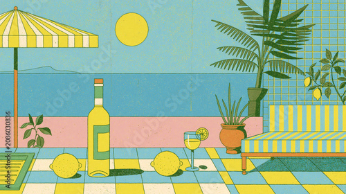 minimal limoncello bottle kitchen poster with fresh summer colors