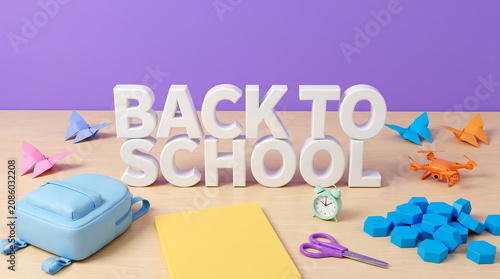 Colorful back to school text on bright lavender violet desktop with kids backpack toy drones blocks