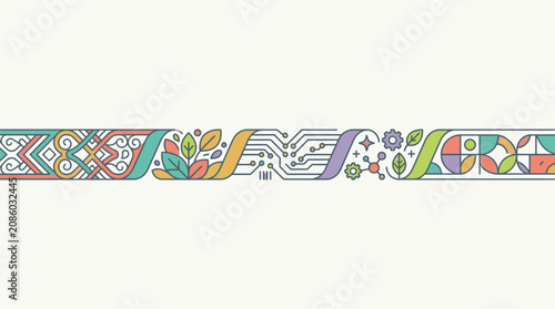 Horizontale Bordüre mit flachen Vektor-Illustrationen, die eine harmonische Verbindung von Natur, Technologie, geometrischen Mustern und abstrakten organischen Formen in sanften Pastellfarben zeigen.