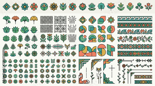 Eine umfangreiche Sammlung von dekorativen geometrischen Ornamenten, floralen Symbolen, Bordüren und Rahmenelementen im flachen Vektor-Design für grafische Gestaltungsprojekte.