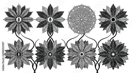 Eine Sammlung von acht dekorativen, floralen Mandala-Mustern mit detaillierten Blättern und geometrischen Formen in Schwarz-Weiß-Grafik auf einem sauberen weißen Hintergrund.