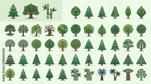 Eine umfangreiche Sammlung von flachen Vektor-Baum-Symbolen in verschiedenen Formen und Arten, ideal für ökologische Designs, Naturgrafiken und umweltfreundliche Illustrationen.