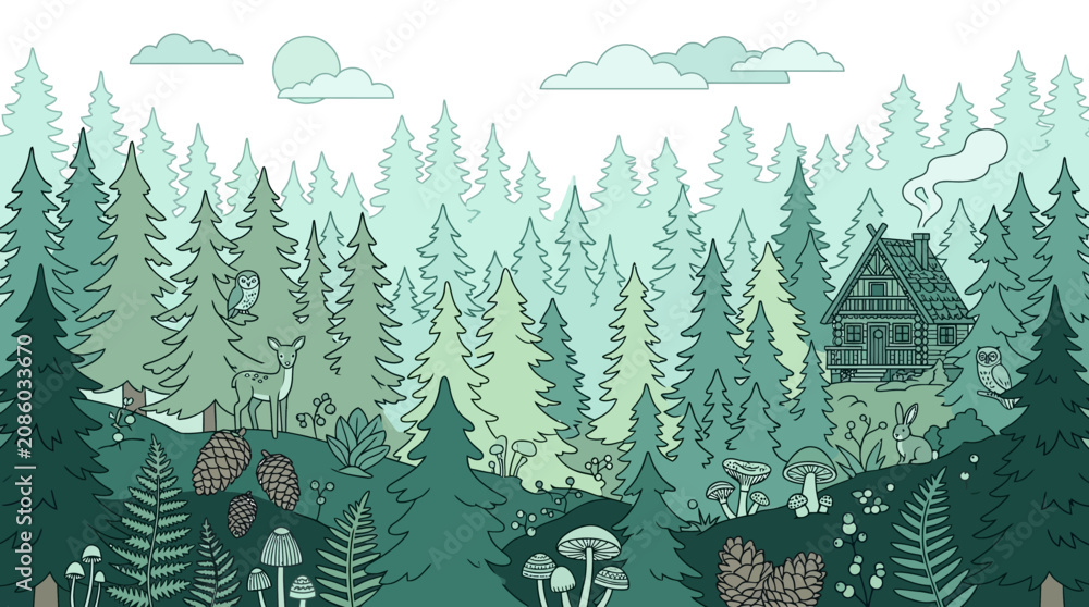 Obraz premium Ilustração vetorial de uma floresta densa com pinheiros, uma cabana rústica, um cervo e cogumelos, criando uma cena serena e encantadora em tons de verde e estilo artístico desenhado à mão.