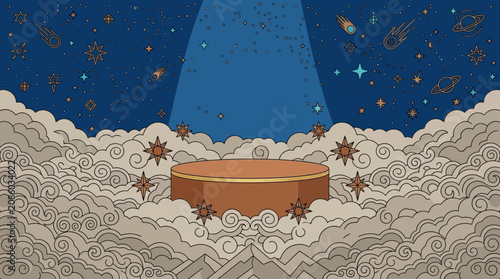Pódio circular para exibição de produtos com tema celestial, apresentando um fundo de céu noturno estilizado com nuvens decorativas, estrelas, planetas e um feixe de luz central.