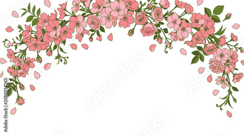 Bela guirlanda floral em arco com flores cor-de-rosa delicadas, botões e pétalas caindo, isolada em um fundo branco, ideal para convites de casamento, cartões de felicitações e design romântico.
