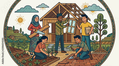 Una ilustración circular que muestra a un grupo diverso de personas trabajando juntas en la construcción de una casa de madera y cultivando un huerto en un entorno rural y comunitario.