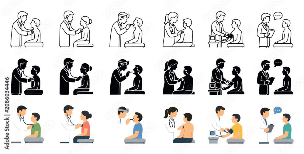 Fototapeta premium Medical checkup icon set showing doctor examining patient with stethoscope, checking throat, giving vaccine, and measuring blood pressure in line, silhouette, and flat styles