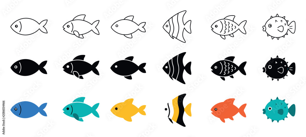 Obraz premium Fish vector icon set in different styles including outline, solid black silhouette, and colorful flat designs for marine life graphics