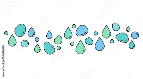 Eine dekorative horizontale Bordüre aus stilisierten, bunten Wassertropfen und Kreisen in Blau- und Grüntönen auf einem sauberen weißen Hintergrund für kreative Designprojekte.