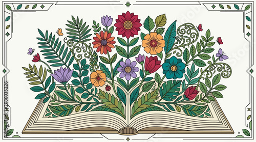 Ilustração vetorial de um livro aberto com flores coloridas, folhagens e borboletas saindo das páginas, criando um design botânico mágico e encantador em estilo artístico.