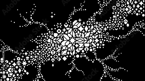 Abstraktes Design mit einem komplexen, baumartigen Muster aus geometrischen Formen und Symbolen in Weiß auf einem tiefschwarzen Hintergrund für moderne grafische Hintergründe.
