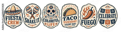 Mexican fiesta stickers with traditional elements including sombrero, maracas, sugar skull, taco, chili pepper, and festive bunting in a vintage distressed style