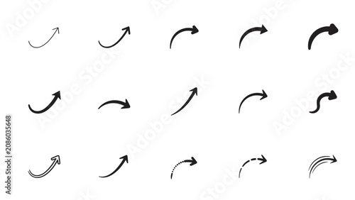 Set of sixteen curved arrow icons in varied styles and thickness