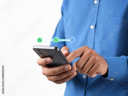 Man using mobile phone for secure two-step authentication with digital checkmark authentication security