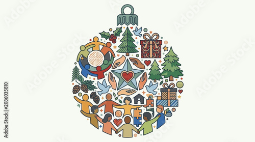 Ilustração vetorial de uma bola de Natal composta por ícones de pessoas de mãos dadas, árvores, presentes e símbolos de união, celebrando a solidariedade e o espírito natalino em um design festivo e