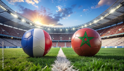 Two soccer balls in flags colors on a stadium blurred background. France vs Morocco 3D image.           