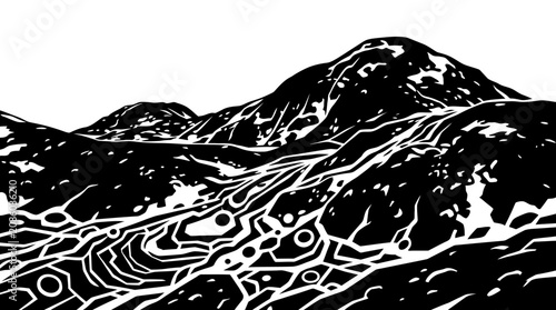 Eine stilisierte Schwarz-Weiß-Illustration einer bergigen Landschaft mit abstrakten Mustern, die felsiges Gelände und fließende Formen in einem modernen grafischen Design darstellen.
