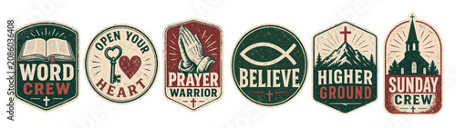 Christian vintage badges and emblems set featuring religious symbols like the holy bible praying hands cross church and ichthys fish with inspirational faith quotes