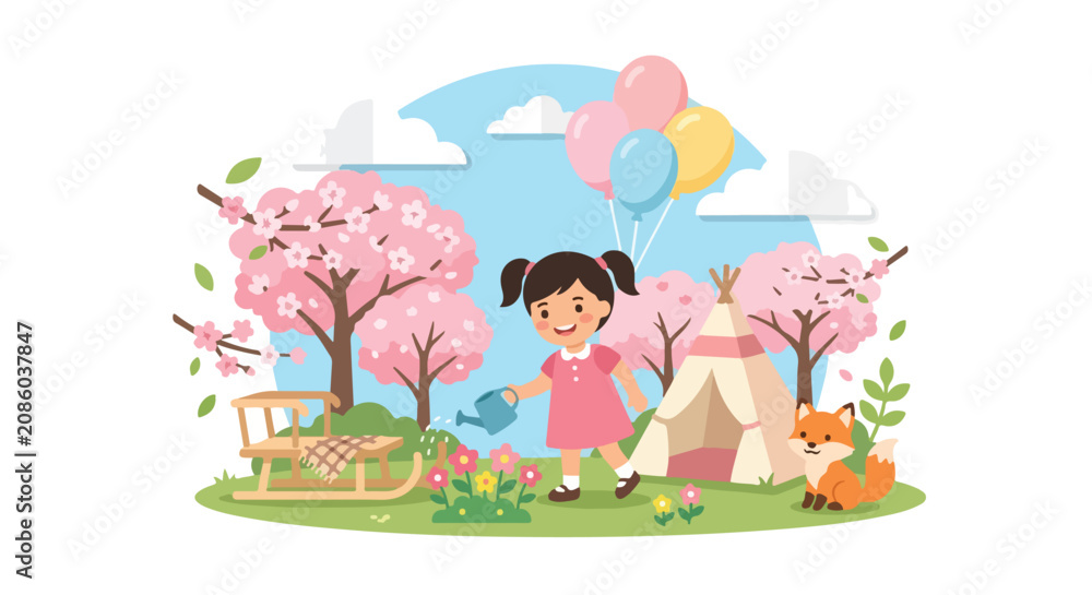 Naklejka premium A young girl waters flowers in a vibrant spring park surrounded by pink cherry blossoms, a cute fox, a cozy tent, and a bundle of balloons.
