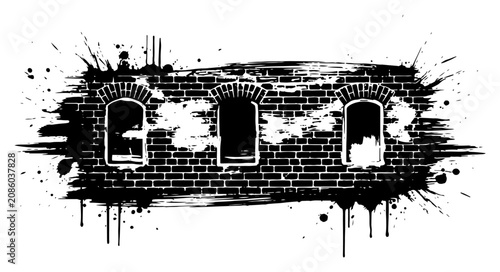 Canvastavla Brick wall with arched windows surrounded by grunge paint splatters and ink drip
