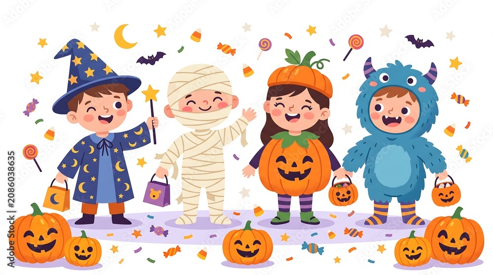 Fototapeta premium Children in Halloween costumes celebrate with pumpkins and candy