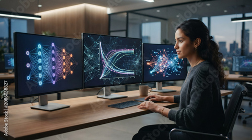 A female data scientist working at a minimalist desk with three high-resolution monitors. The displays show beautiful clean visualizations of deep learning neural network layers, glowing node weight 