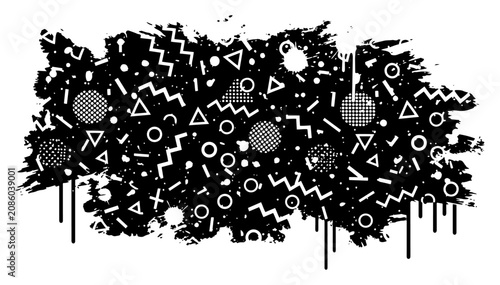 Photos Ink splatter paint blot filled with white Memphis geometric shapes and drips