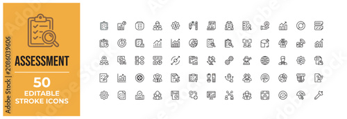 Comprehensive set of fifty business assessment and strategic planning line icons