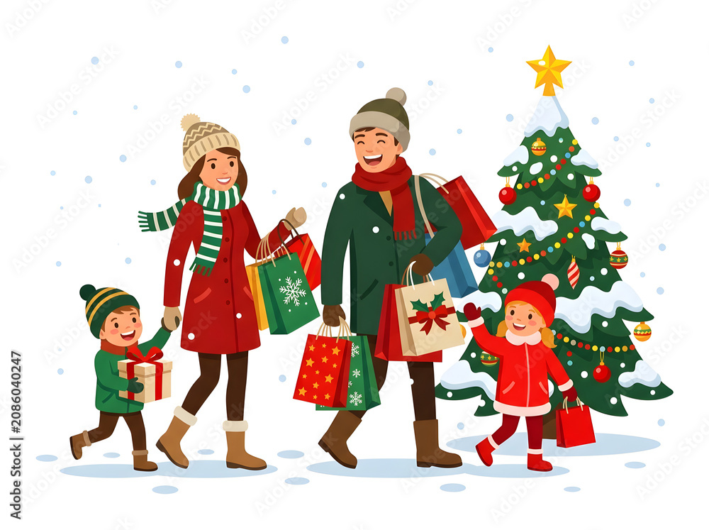 Fototapeta premium Happy family walking with Christmas gifts.
