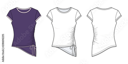 фотографія Women's Y2K Ruched Side Cap Sleeve Round Neck Baby Tee Technical Fashion Flat Sketch CAD Vector Template