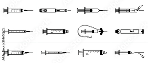 Foto Medical syringe and injection device icon set for healthcare and vaccination