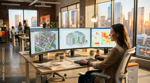 A professional BIM architect designing a sustainable smart building at an ergonomic office workstation. Three large monitors show a clean 3D structural blueprint model, intricate internal engineering 