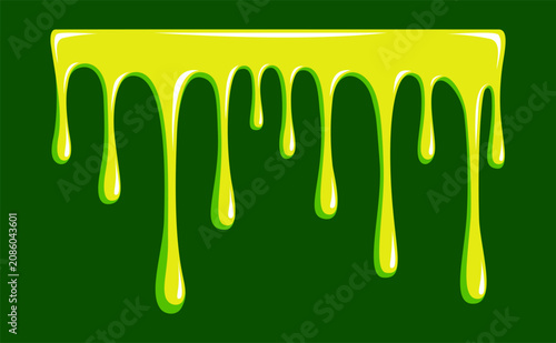 Bright lime green dripping slime or liquid melt isolated on dark green background