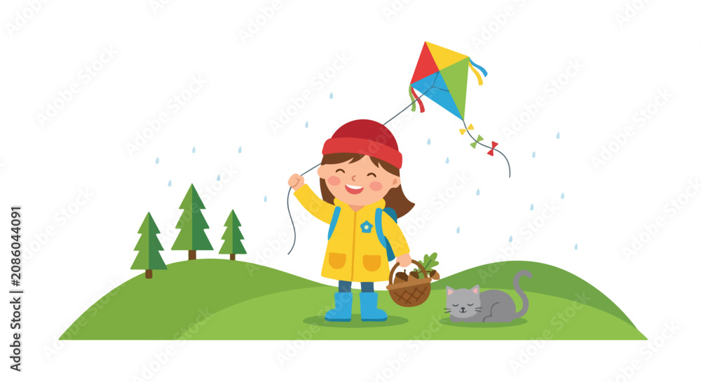 Naklejka premium A cheerful young girl wearing a yellow raincoat flies a colorful kite on a rainy day, accompanied by a sleeping cat on a green hill landscape.