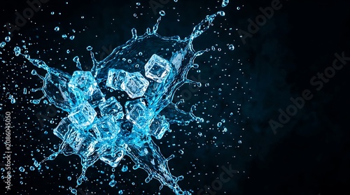 Dynamic high-speed splash of blue electric energy drink with levitating clear ice cubes isolated on dark background