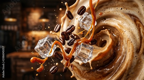 Dynamic levitation of roasted coffee beans and ice cubes with splashing milky caramel latte background