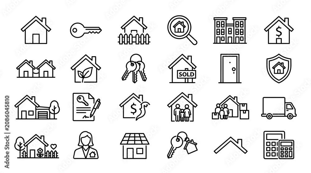 Fototapeta premium Real Estate Icons Set: Houses, Keys, Sold, Mortgage, Family, Moving, Security