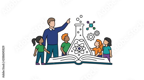 Teacher and Students Learning Science with Open Book Illustration