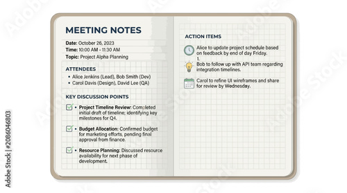 Business project meeting notes and action items on notebook illustration
