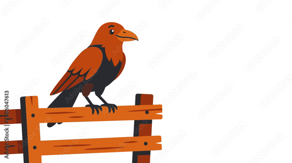 Fototapeta premium Cartoon Raven Sitting on a Wooden Fence Vector Illustration