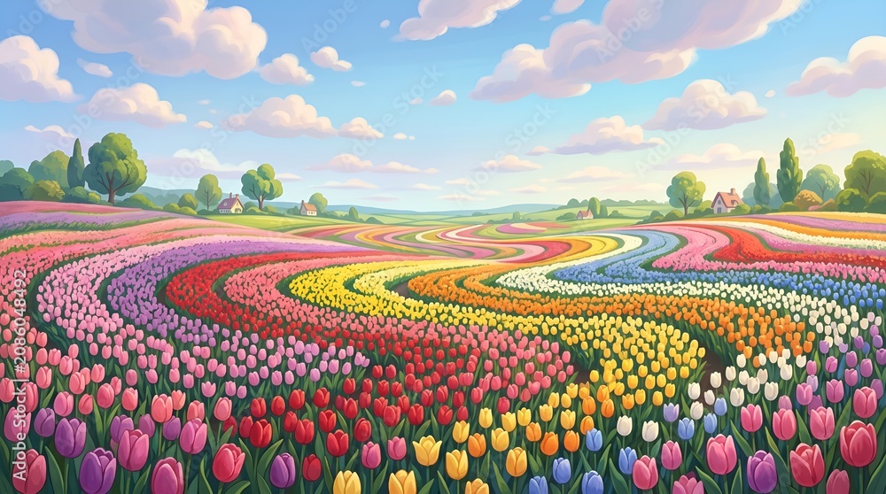 Naklejka premium Vibrant tulip field panorama with colorful flowers blooming in mesmerizing swirling patterns under a clear blue sky, a spring landscape