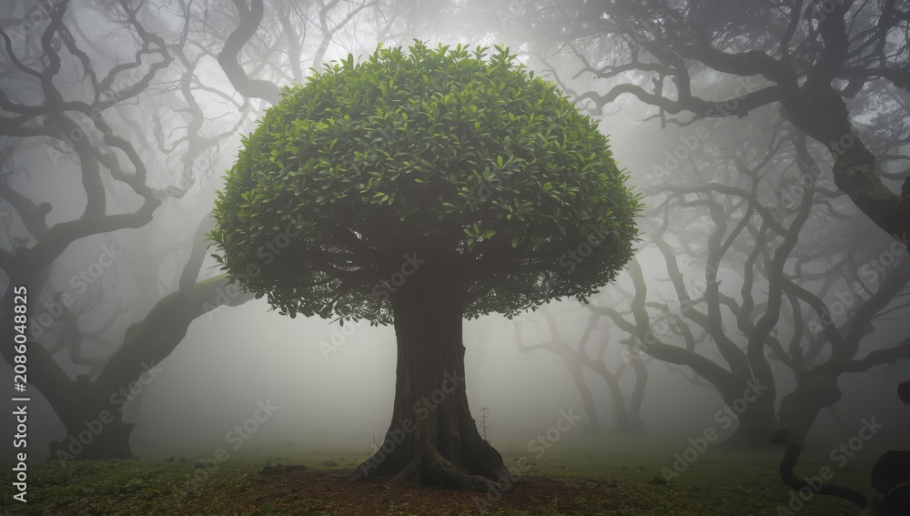 Fototapeta premium A solitary laurel tree with a sturdy trunk and abundant foliage is enveloped in heavy fog. The enchanting Fanal forest on Madeira, Portugal. High-quality image.