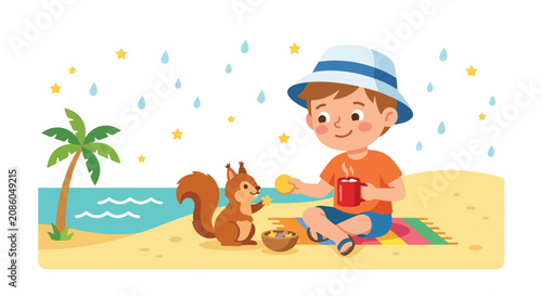 Photography A young boy in a hat enjoys a snack with a friendly squirrel on a tropical beach while stars and raindrops fall from the sky